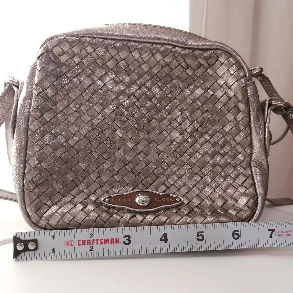 Elliott Lucca Woven Metallic Leather Crossbody Bag Pewter Silver Small Purse
